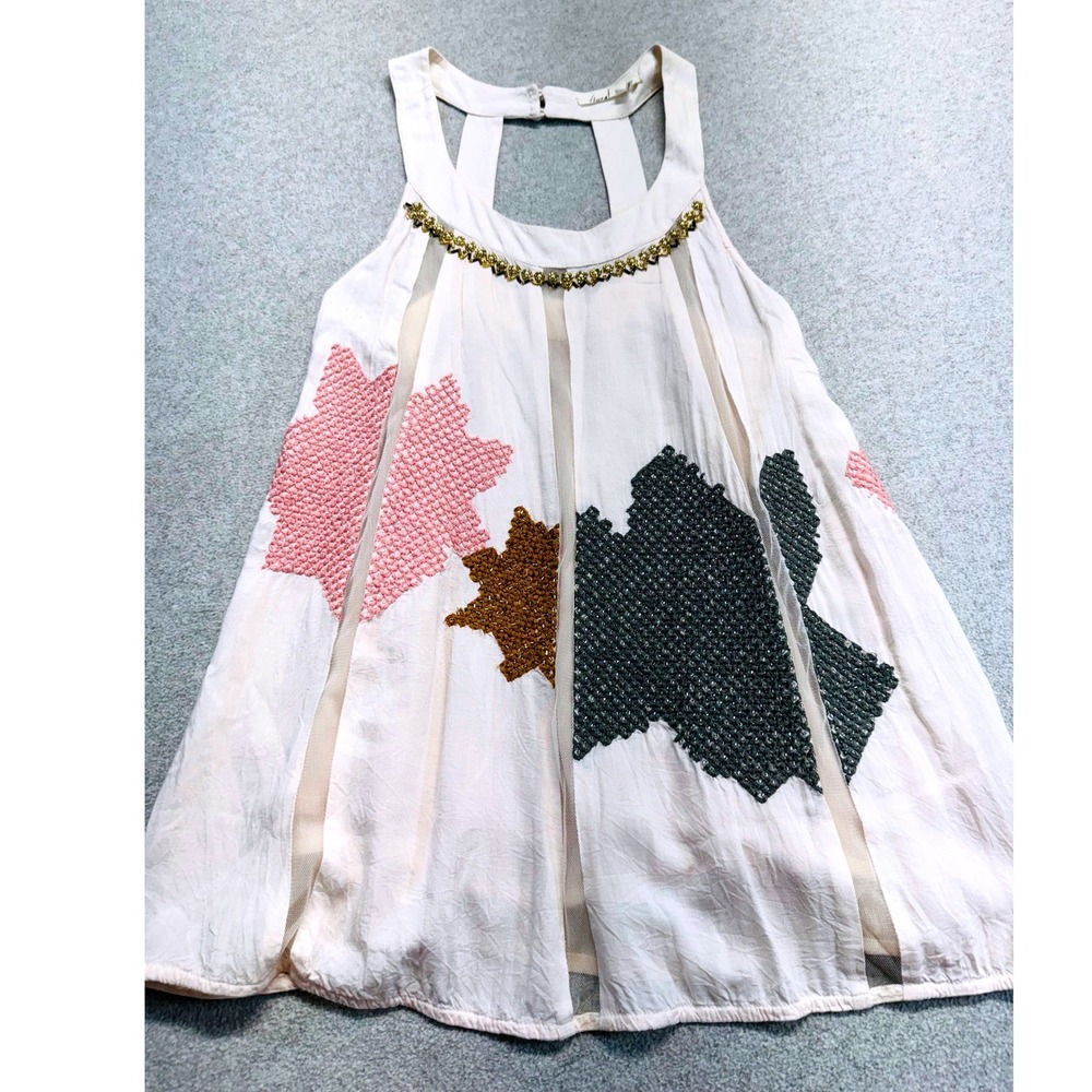 Floreat Anthropologie Tank Top Women Sz 2 Cream Beaded Embellished Mesh Boho